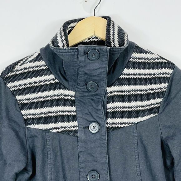 prAna Grey White Woven Panel Microfleece Lined Wrap Neck Jacket Womens Sz Small - Picture 2 of 7